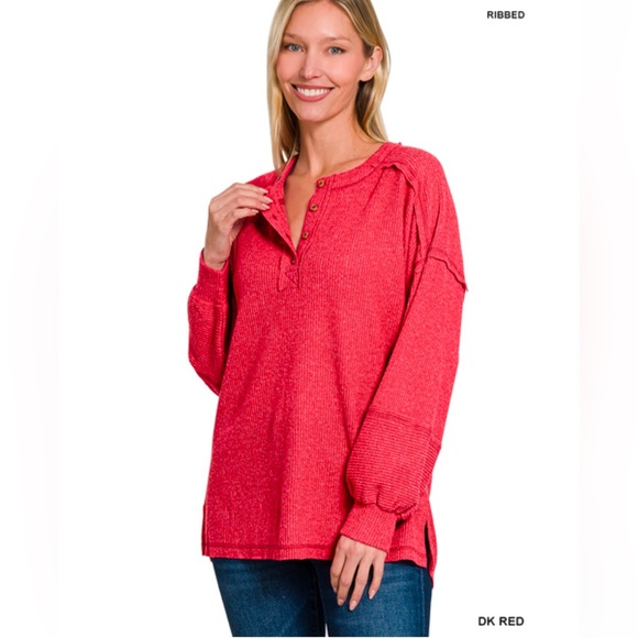 NWT ZENANA RIBBED BRUSHED HACCI MELANGE HENLEY SWEATER - Picture 2 of 2